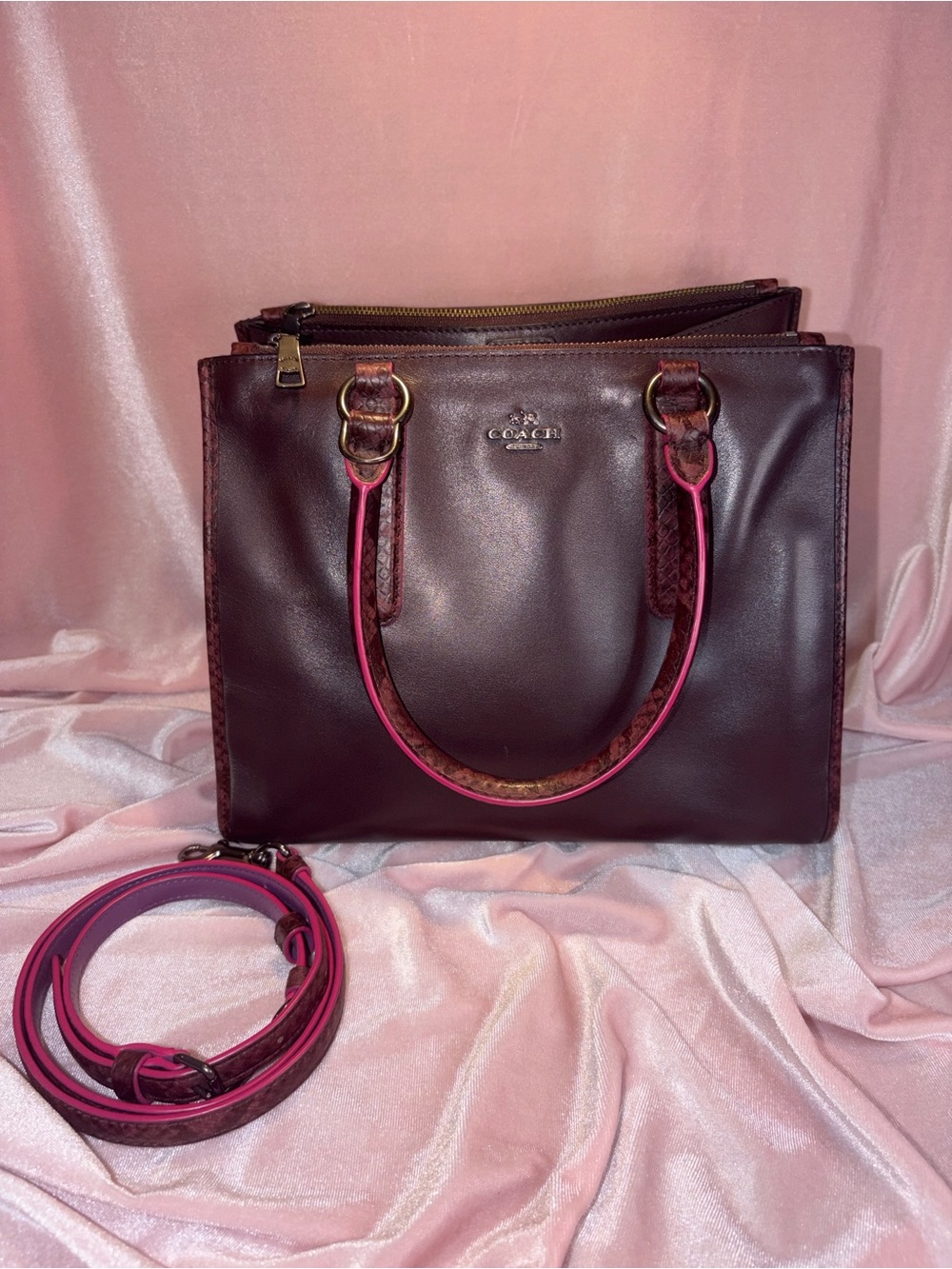 Authentic Coach Crosby Carryall Oxblood Leather Python Trim Crossbody   F20896